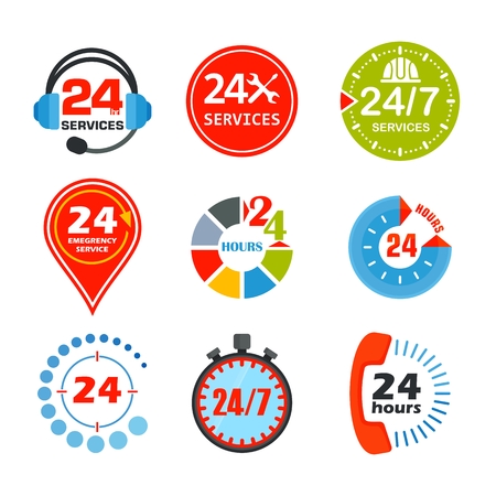 Set of around the clock sign. Open 24 hours a day icons for shops, cafe and other enterprises Service Service. Flat vector cartoon illustration. Objects isolated on a white background.のイラスト素材