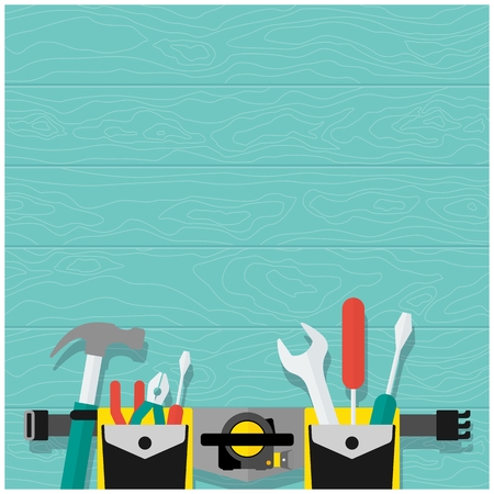 Belt with construction tools on a wooden background. Poster for construction shops. Flat vector cartoon illustration. Objects isolated on a white background.のイラスト素材
