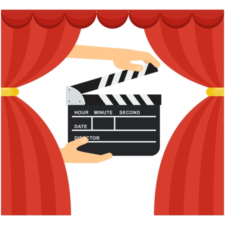 Hand holds black open clapperboard near red theater curtains. Movie clapper board. Movie logo. Flat vector cartoon illustration.のイラスト素材