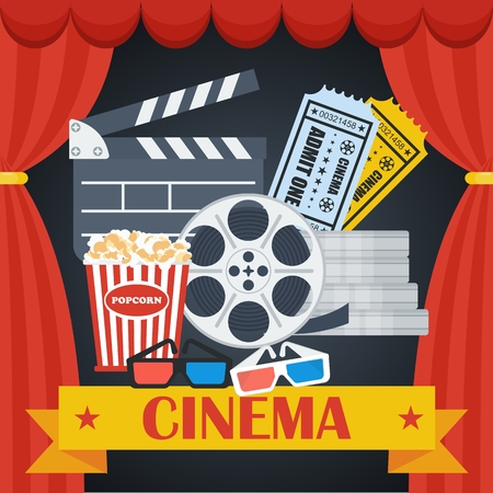 Cinema concept poster template with popcorn bowl, film strip and tickets, realistic detailed vector illustrationのイラスト素材