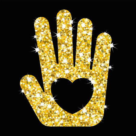 Golden hand with heart. Gold palm and heart for design of holiday greeting cards. Template for Valentine Day, New Year, Christmas. Flat vector cartoon illustration. Objects isolated on background.のイラスト素材