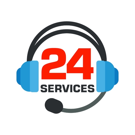 Logo as headphones. Open around clock. 24 hour service and customer support. Flat vector cartoon illustration. Objects isolated on a white background.のイラスト素材
