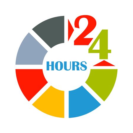 Open around clock. 24 hour service and customer support. Flat vector cartoon illustration. Objects isolated on a white background.のイラスト素材