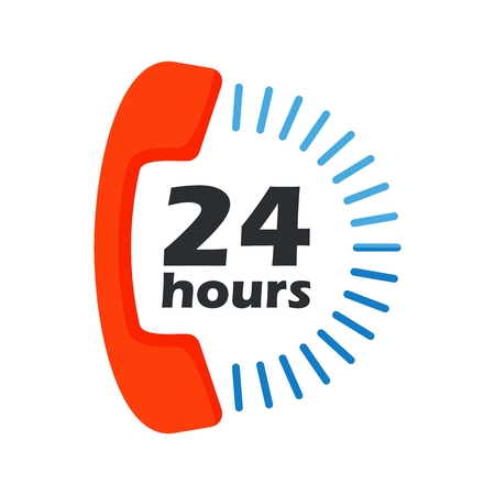 Logo with telephone receiver. Open around clock. 24 hour service and customer support. Flat vector cartoon illustration. Objects isolated on a white background.のイラスト素材