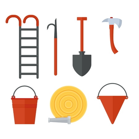Set of firefighter equipment and clothing, tools, accessories. Flat vector cartoon illustration. Objects isolated on a white background.のイラスト素材