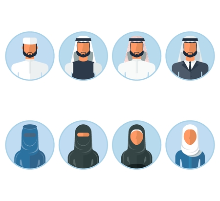 Set of arab men and arab women in traditional Muslim clothing. Flat vector cartoon illustration. Objects isolated on a white background.のイラスト素材