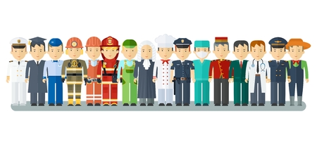Set of men and women of various professions. Labor Day, employment service, human resources in various industries. Flat vector cartoon illustration. Objects isolated on a white background.のイラスト素材