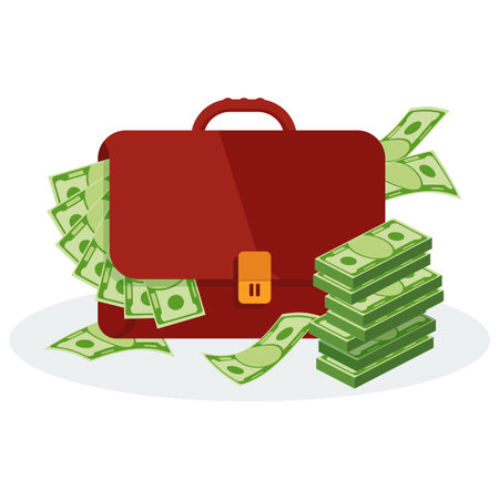 Leather brown banker businessman portfolio, stuffed to top with dollar bills. Bundle of money lies next to suitcase Flat vector cartoon illustration. Objects isolated on a white background.のイラスト素材