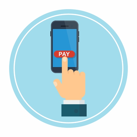 Hand presses pay button in mobile payment banking system. Global mobile banking payment system worldwide. Flat vector cartoon illustration. Objects isolated on a white background.のイラスト素材