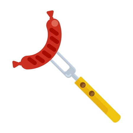 Sausage on fork. Flat vector cartoon illustration. Objects isolated on a white background.のイラスト素材