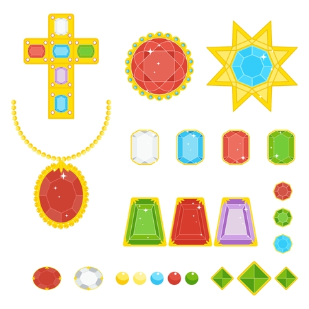 Set of jewelry with multicolored precious stones in gold frame. Flat vector cartoon illustration. Objects isolated on a white background.のイラスト素材