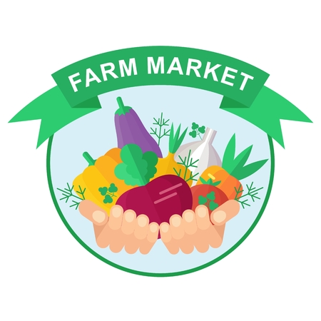 Farmer holding rich harvest in hands. Logotype for store of agricultural products, vegetable market, natural organic products. Flat vector cartoon illustration. Objects isolated on background.のイラスト素材