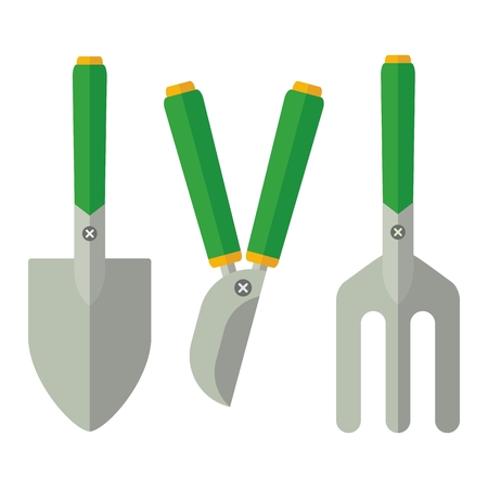Garden tools icons. Flat vector cartoon illustration. Objects isolated on a white background.のイラスト素材