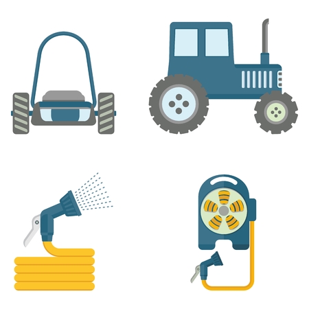 Set of garden equipment , tools, tractor and Lawnmower. Flat vector cartoon illustration. Objects isolated on a white background.のイラスト素材