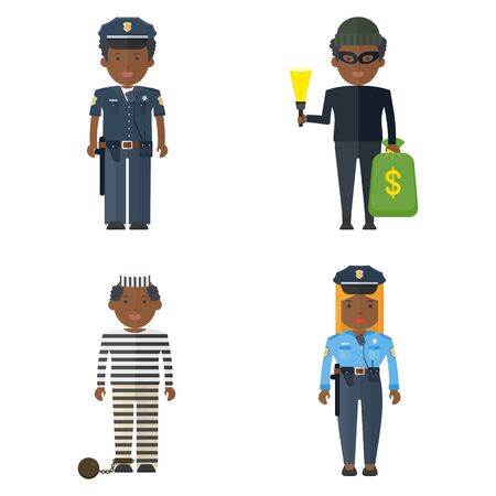 Set of Police and criminal black people. Representatives of law and lawlessness. Flat vector cartoon illustration. Objects isolated on a white background.のイラスト素材