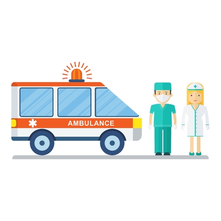 Nurses and ambulance. Flat vector cartoon illustration. Objects isolated on a white background.のイラスト素材