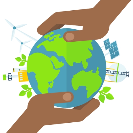 Two black hands hold a blue planet earth. Symbol of respect for nature and environment. Flat vector cartoon illustration. Objects isolated on a white background.のイラスト素材