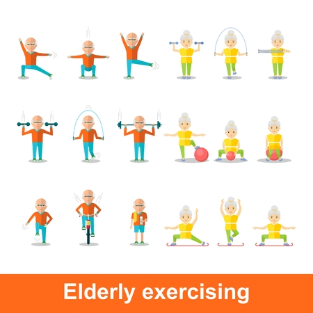 Elderly man and woman doing exercises. Healthy lifestyle, active lifestyle. Sport for grandparents. Holding hands couple.Objects isolated on a white background. Flat vector illustration.のイラスト素材