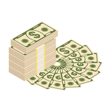 Pile of new paper American dollars. Packing in bundles of bank notes, coins and fun of money. Flat vector cartoon money illustration. Objects isolated on a white background.のイラスト素材