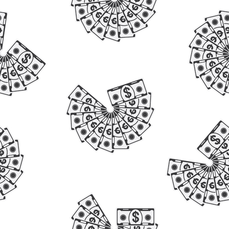 Seamless pattern with New paper cash dollars as fan. Flat vector cartoon money illustration. Concept of wealth, making money in financial business, banks. Objects isolated on white background.のイラスト素材