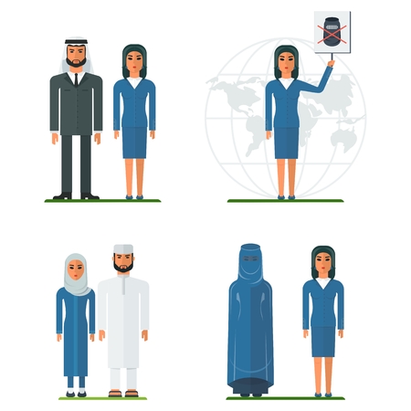 Set of arab men and arab women in traditional and modern business clothes. Muslim clothing. Flat vector cartoon illustration.のイラスト素材