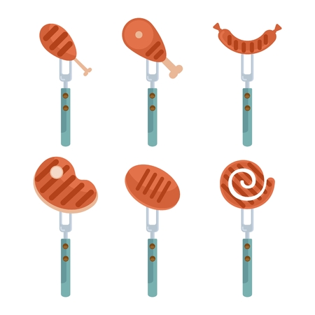 Meat on fork. BBQ menu. Flat vector cartoon illustration. Objects isolated on a white background.のイラスト素材