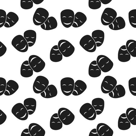 Black theatre mask seamless pattern. Flat vector cartoon illustration. Objects isolated on a white background.のイラスト素材