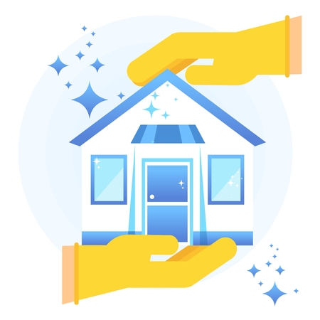 Hand in rubber glove holding clean shining house. Flat vector cartoon illustration. Objects isolated on a white background.のイラスト素材