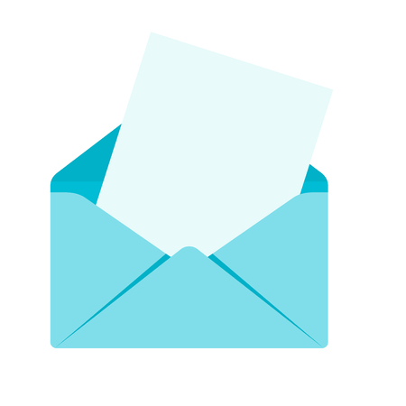 Blue envelope with letter, document. Sending mail correspondence. Flat vector cartoon illustration. Objects isolated on a white background.のイラスト素材