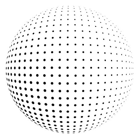 Abstract round 3d black sphere consisting of dots in form of halftone. Scientific and technical frame illustration. Flat vector cartoon illustration. Objects isolated on a white background.のイラスト素材