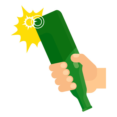 Hit of bottle. Hand holds a green bottle of beer. Aggression, street fight, quarrel and conflict. Flat vector cartoon illustration. Objects isolated on a white background.のイラスト素材