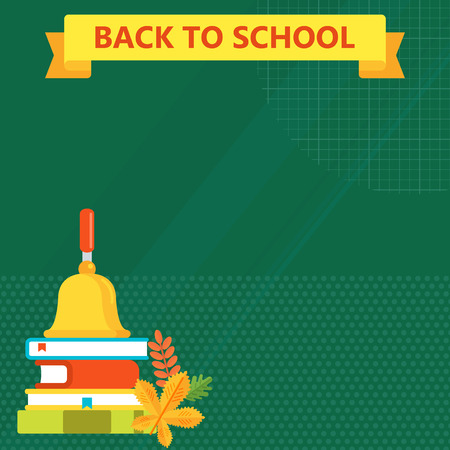 School bell and book background flat vector cartoon illustration. Education concept, back to school with supplies icons. Objects isolated on green background.のイラスト素材