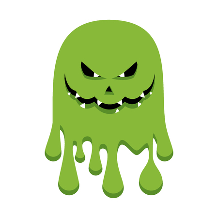 Evil green ghost with sharp teeth and terrible eyes. Halloween character. Flat vector cartoon illustration. Objects isolated on a white background.のイラスト素材