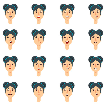 Avatars with expression of brunette woman. Joy, laughter and sorrow, sadness, anger, rage and surprise, shock, crying. Flat vector cartoon character design. Objects isolated on a white background.のイラスト素材