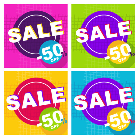 Color neon banners with minimal design. Geometric backgrounds applicable for Banners, Placards, Posters, Flyers etc. Flat cartoon abstract geometric template. Objects isolated on background.のイラスト素材