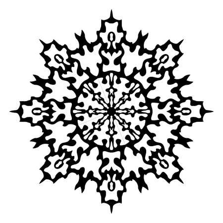 Snowflake black icon. Festive decoration of advertising and congratulatory christmas and new year products. Flat vector cartoon illustration. Objects isolated on a white background.のイラスト素材