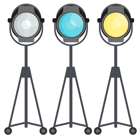 Spotlight for film, photo and video studio. Equipment for stage at concert, performance and festival. Flat vector cartoon illustration. Objects isolated on a white background.のイラスト素材