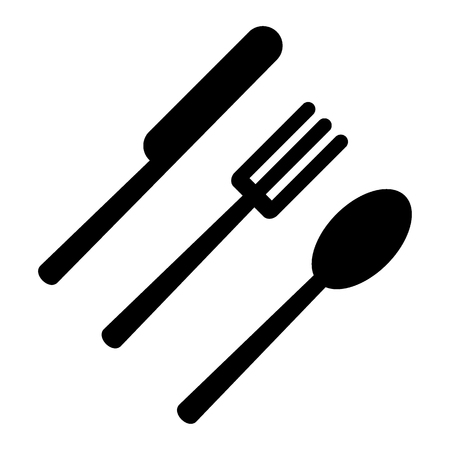 Fork, spoon, knife black icon. Icon for menu and advertisement of bar and restaurant. Flat vector cartoon illustration. Objects isolated on a white background.のイラスト素材
