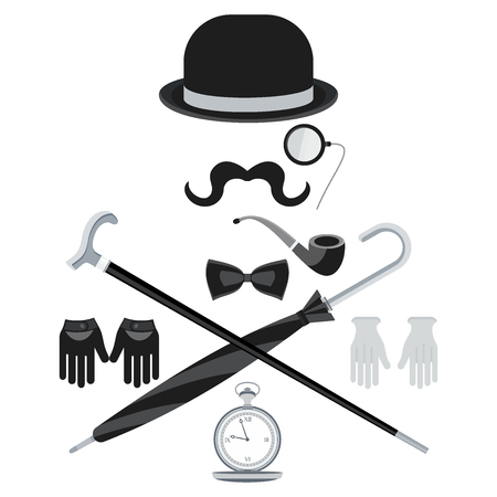 Set of vintage retro secular gentleman accessories. Hours, hats, details of wardrobe. Flat vector cartoon illustration. Objects isolated on a white background.のイラスト素材