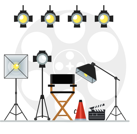 Film directors chair with megaphone, projector, camera and clapboard and softbox. Work on the set of the film. Flat vector cartoon illustration. Objects isolated on a white background.のイラスト素材