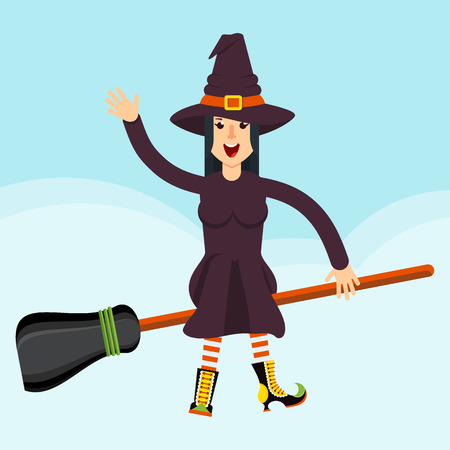 Halloween witch character. Girl in waist and hat of evil sorceress. Design element for decoration of congratulatory products for Halloween.のイラスト素材