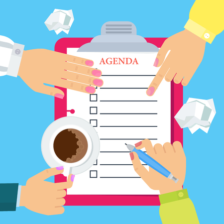 Businesswoman writes a daily routine. Schedule, agenda and planning in management and administration. Flat vector cartoon character illustration. Objects isolated on a white background.のイラスト素材