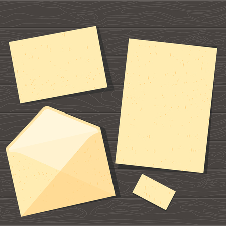 Corporate identity template set. Vector mock up for office. Brochure flier design template. Flat vector cartoon illustration. Objects isolated on dark wooden background.のイラスト素材