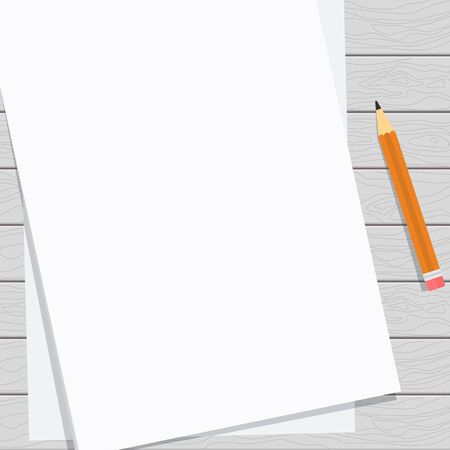 Blank paper sheet mockup. Flat vector cartoon illustration. Objects isolated on light wooden background.のイラスト素材