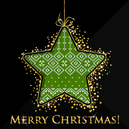 Greeting Christmas card with knitted golden glitter tree star in a minimalistic abstract luxury style. Golden Xmas trees on black background.のイラスト素材