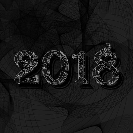 2018 Happy new year. Greeting card. Brilliant figures with a golden texture on a black abstract luxury background. Flat vector cartoon illustration.のイラスト素材
