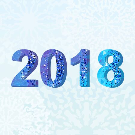 2018 Happy new year. Greeting card. Brilliant figures with an ice texture on a blue snowy winter background. Flat vector cartoon illustration.のイラスト素材