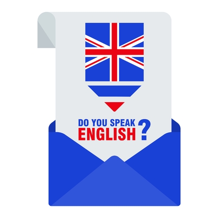 Bright flat vector banners with envelope for English language learning. Courses of foreign language, schools for studying British pronunciation. Information for site, social network, poster and flyer.のイラスト素材