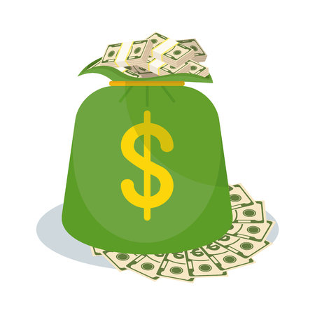 Money bag with lot of bundle of dollar paper banknotes. Wealth, financial success. Cash payment. Flat vector cartoon illustration. Objects isolated on white background.のイラスト素材