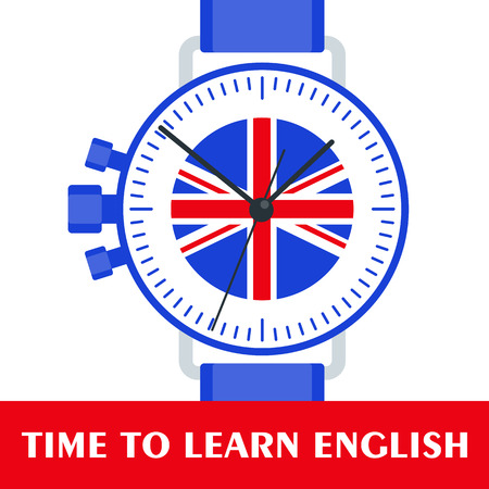 Bright flat vector banners with Wrist Watch for English language learning. Courses of foreign language, schools for studying British pronunciation. Information for site, social network, poster.のイラスト素材